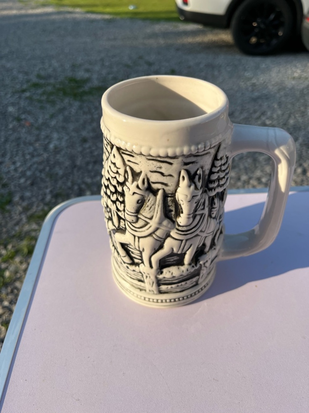 Ceramic Horse Relief Beer Stein - White